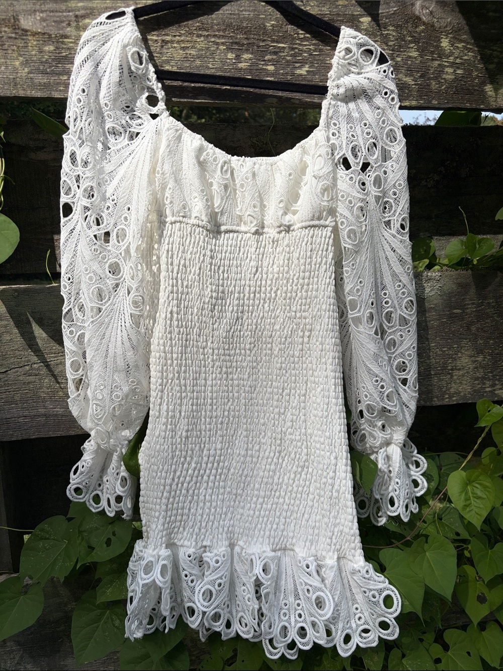 PrettyLittleThing White Eyelet Lace Puff-Sleeve Shirred Bodycon Dress Size  2